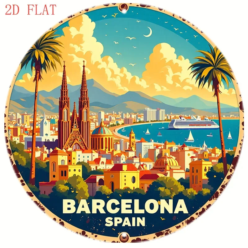 Home Barcelona - 8인치 원형 바르셀로나 스페인 풍경 금속
