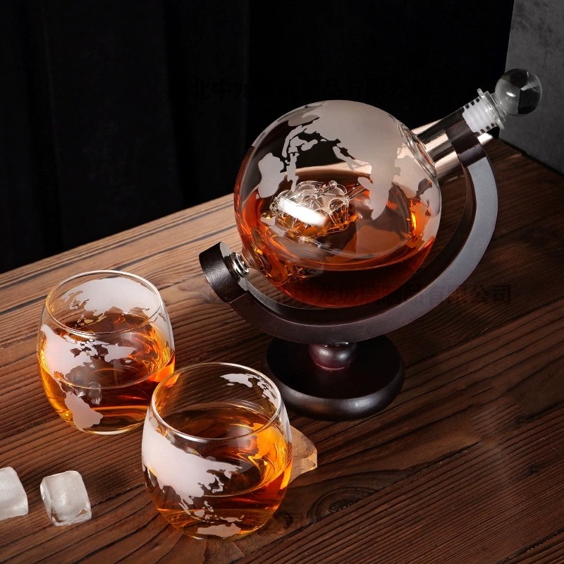 Decanter Globe Set - 무연 Carafe 절묘한 나무 스탠드와 2